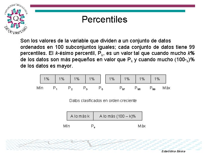 Percentiles Son los valores de la variable que dividen a un conjunto de datos