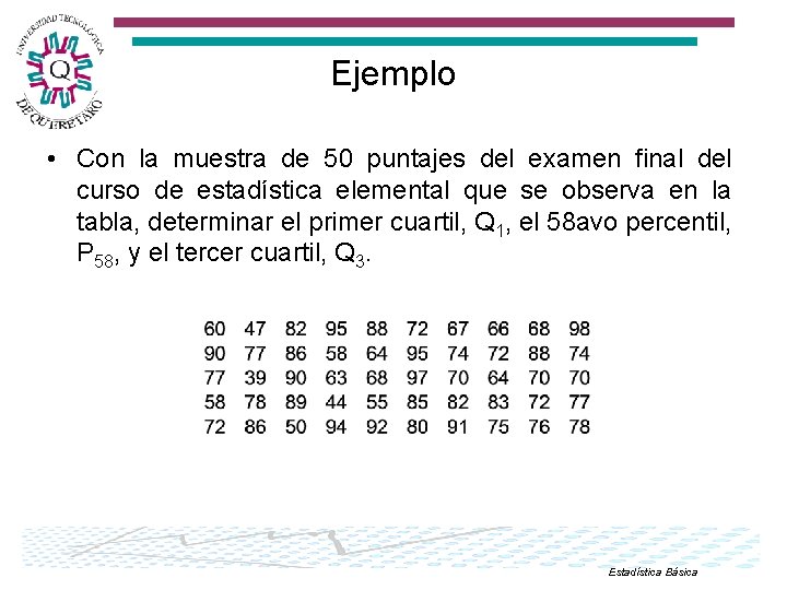 Ejemplo • Con la muestra de 50 puntajes del examen final del curso de