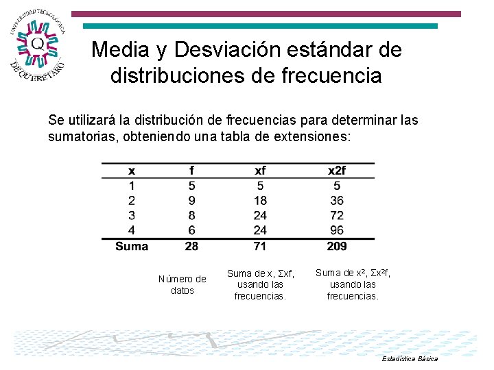 Media y Desviación estándar de distribuciones de frecuencia Se utilizará la distribución de frecuencias