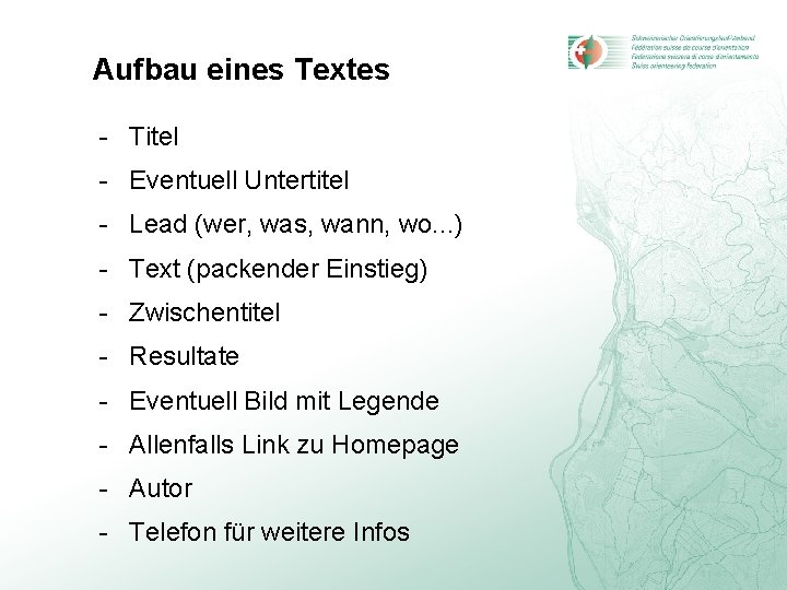 Aufbau eines Textes - Titel - Eventuell Untertitel - Lead (wer, was, wann, wo.