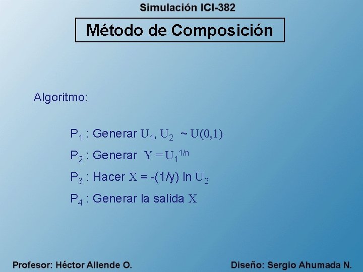 Método de Composición Algoritmo: P 1 : Generar U 1, U 2 ~ U(0,
