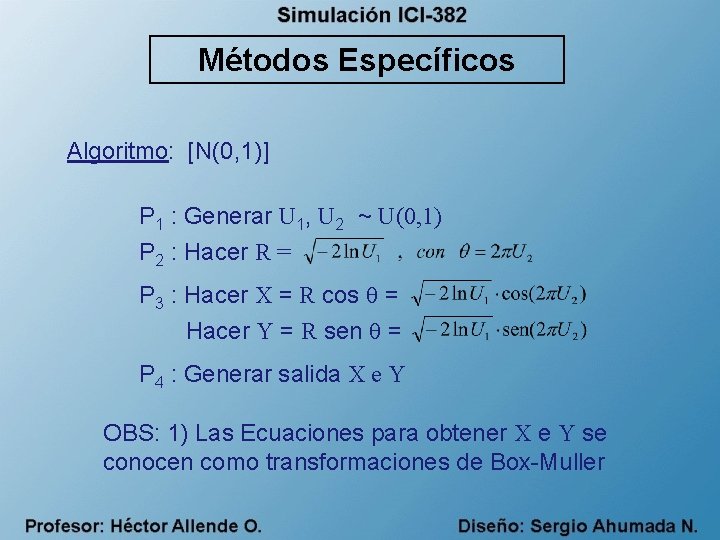 Métodos Específicos Algoritmo: [N(0, 1)] P 1 : Generar U 1, U 2 ~