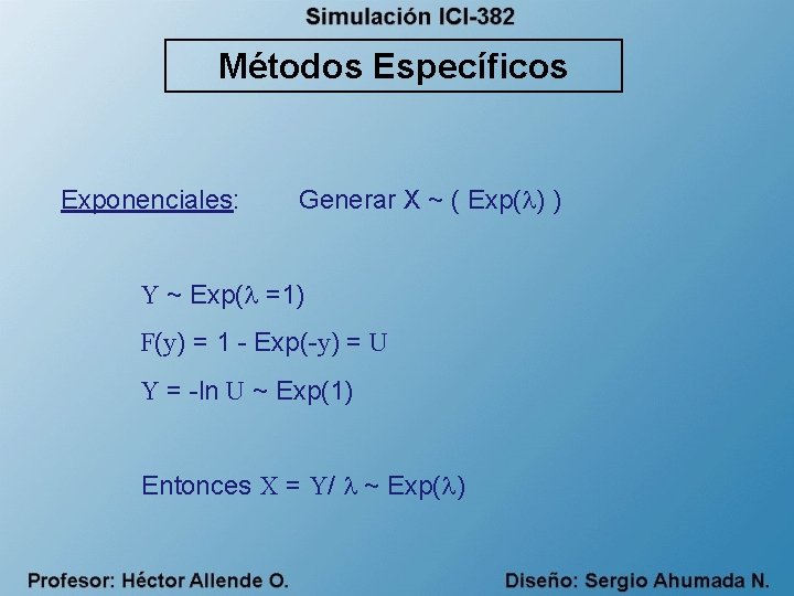 Métodos Específicos Exponenciales: Generar X ~ ( Exp( ) ) Y ~ Exp( =1)