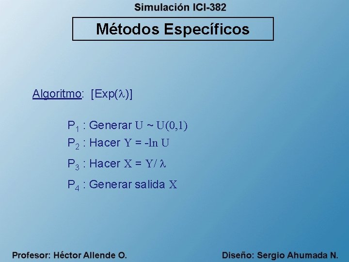 Métodos Específicos Algoritmo: [Exp( )] P 1 : Generar U ~ U(0, 1) P