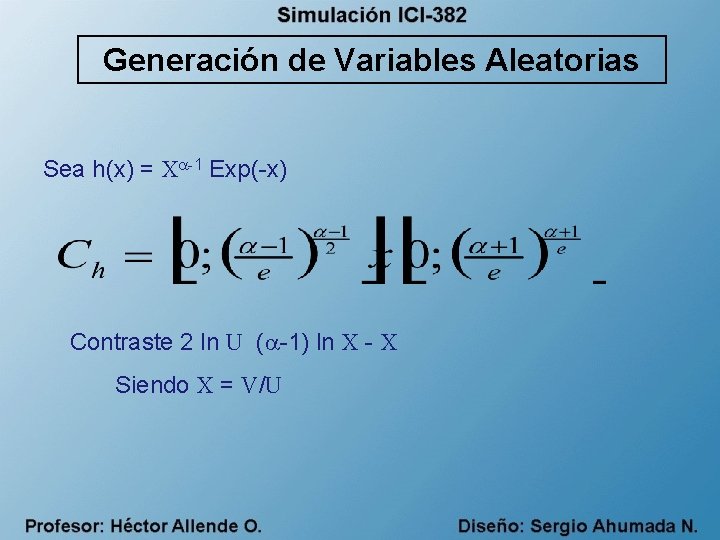 Generación de Variables Aleatorias Sea h(x) = X -1 Exp(-x) Contraste 2 ln U