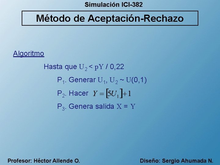 Método de Aceptación-Rechazo Algoritmo Hasta que U 2 < p. Y / 0, 22