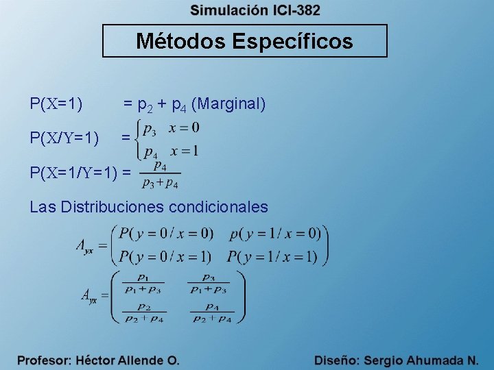 Métodos Específicos P(X=1) = p 2 + p 4 (Marginal) P(X/Y=1) = P(X=1/Y=1) =