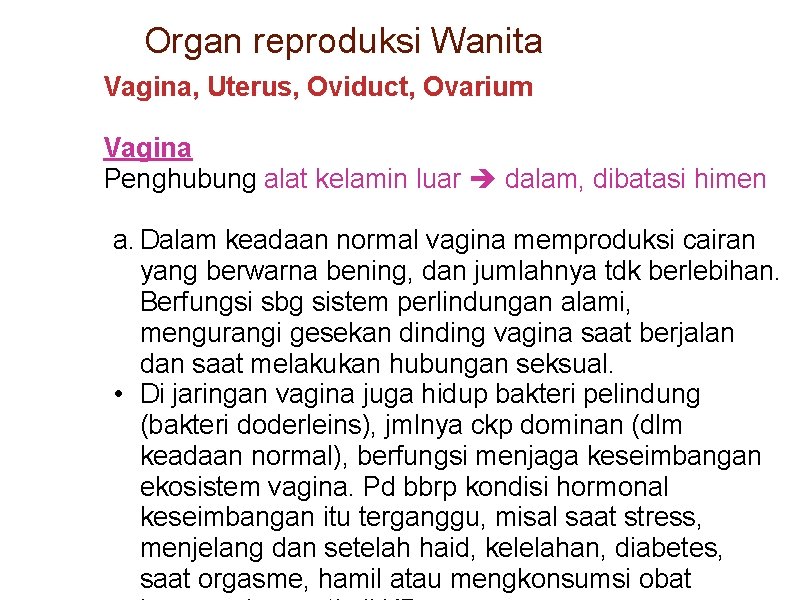 Organ reproduksi Wanita Vagina, Uterus, Oviduct, Ovarium Vagina Penghubung alat kelamin luar dalam, dibatasi