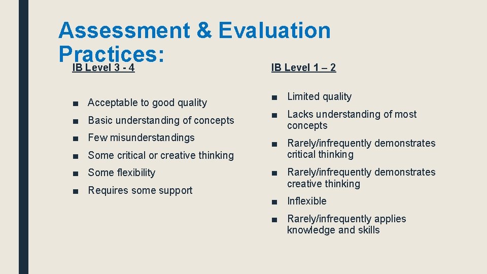 Assessment & Evaluation Practices: IB Level 3 - 4 IB Level 1 – 2