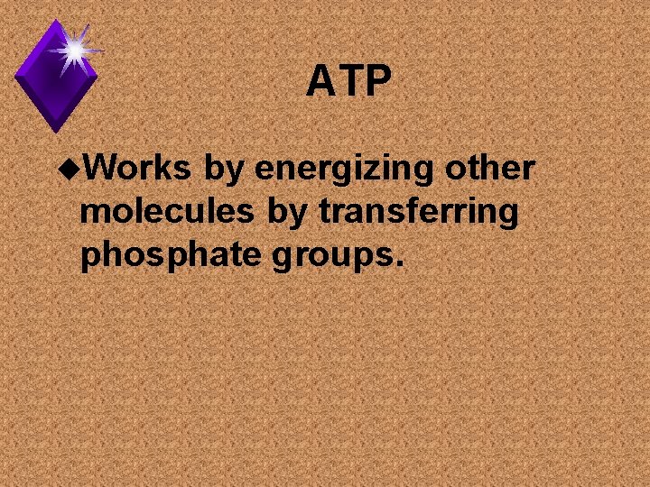 ATP u. Works by energizing other molecules by transferring phosphate groups. 