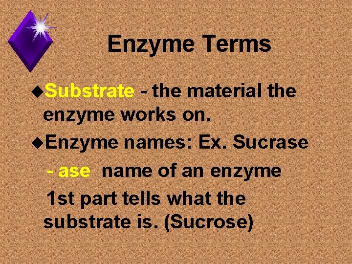 Enzyme Terms u. Substrate - the material the enzyme works on. u. Enzyme names: