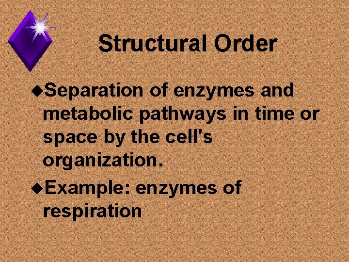 Structural Order u. Separation of enzymes and metabolic pathways in time or space by