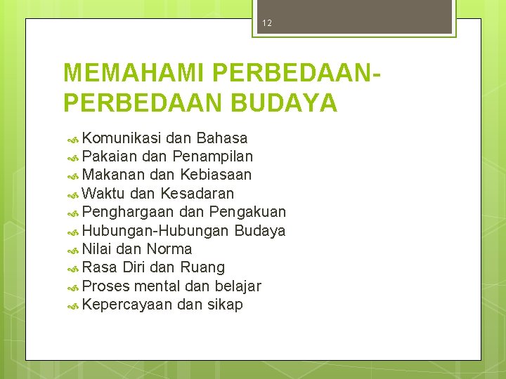 12 MEMAHAMI PERBEDAAN BUDAYA Komunikasi dan Bahasa Pakaian dan Penampilan Makanan dan Kebiasaan Waktu