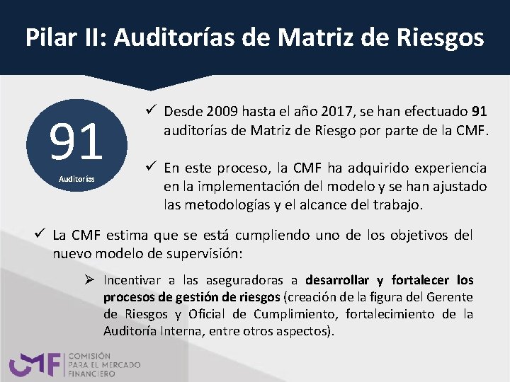 Pilar II: Auditorías de Matriz de Riesgos 91 Auditorías ü Desde 2009 hasta el