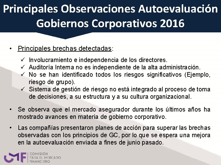 Principales Observaciones Autoevaluación Gobiernos Corporativos 2016 • Principales brechas detectadas: ü Involucramiento e independencia Principales Observaciones Autoevaluación Gobiernos Corporativos 2016 • Principales brechas detectadas: ü Involucramiento e independencia