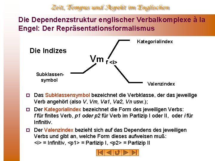 Die Dependenzstruktur englischer Verbalkomplexe à la Engel: Der Repräsentationsformalismus Kategorialindex Die Indizes Subklassen symbol