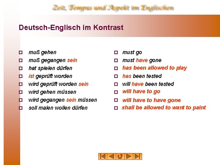 Deutsch Englisch im Kontrast ¨ ¨ ¨ ¨ muß gehen muß gegangen sein hat Deutsch Englisch im Kontrast ¨ ¨ ¨ ¨ muß gehen muß gegangen sein hat
