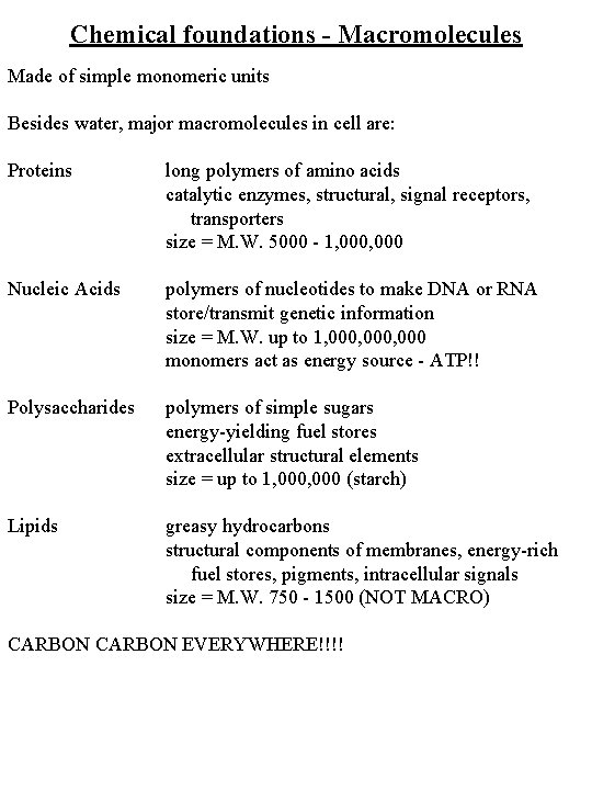 Chemical foundations - Macromolecules Made of simple monomeric units Besides water, major macromolecules in