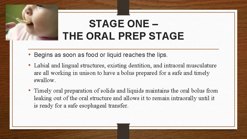 STAGE ONE – THE ORAL PREP STAGE • Begins as soon as food or