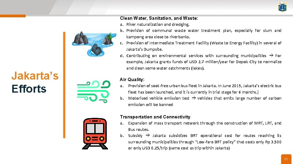 Jakarta’s Efforts Clean Water, Sanitation, and Waste: a. River naturalization and dredging. b. Provision