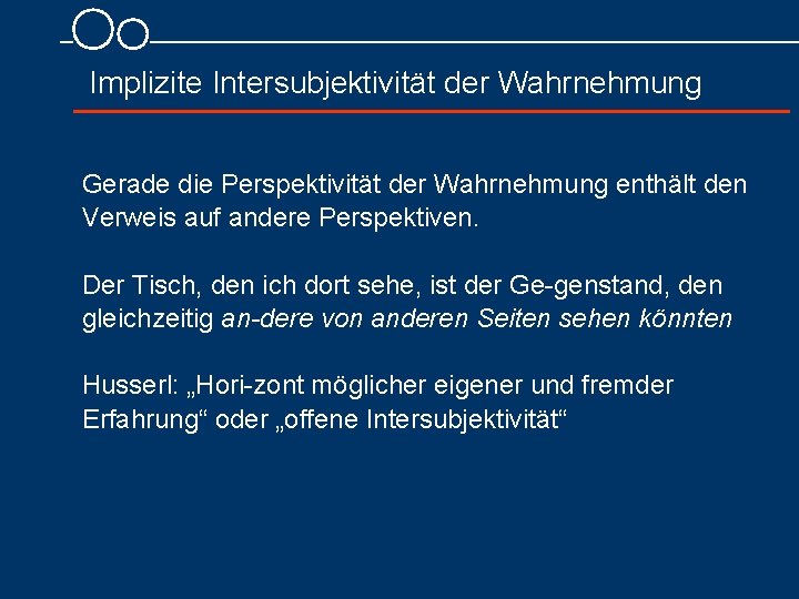 Implizite Intersubjektivität der Wahrnehmung Gerade die Perspektivität der Wahrnehmung enthält den Verweis auf andere