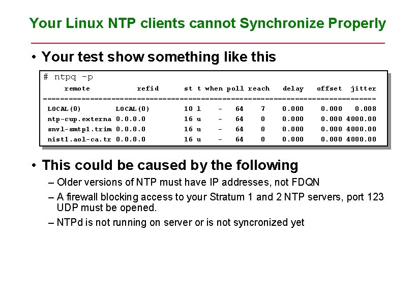 Your Linux NTP clients cannot Synchronize Properly • Your test show something like this