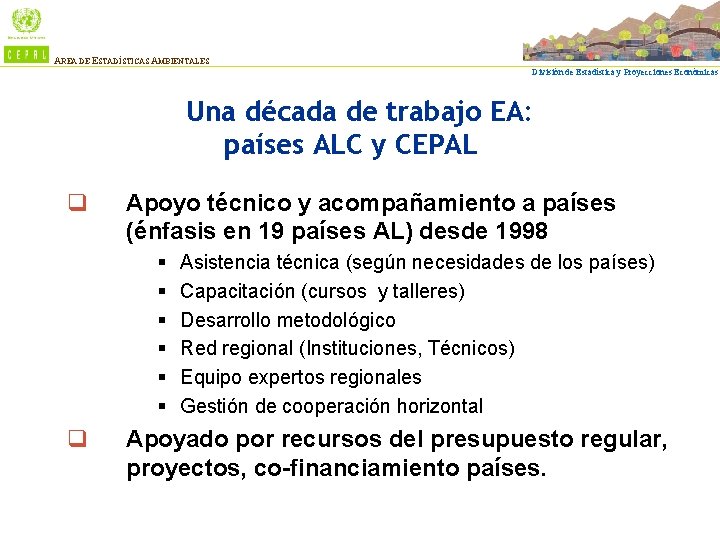 AREA DE ESTADÍSTICAS AMBIENTALES División de Estadística y Proyecciones Económicas Una década de trabajo