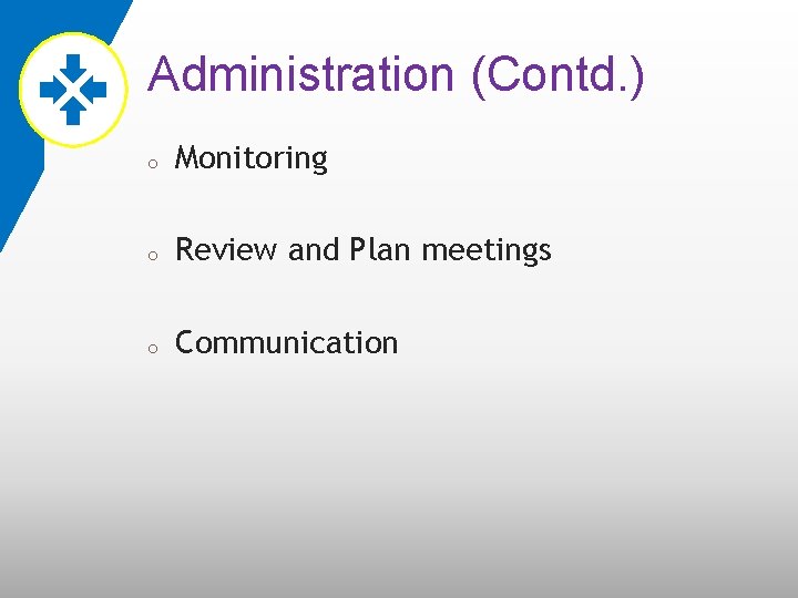 Administration (Contd. ) o Monitoring o Review and Plan meetings o Communication 