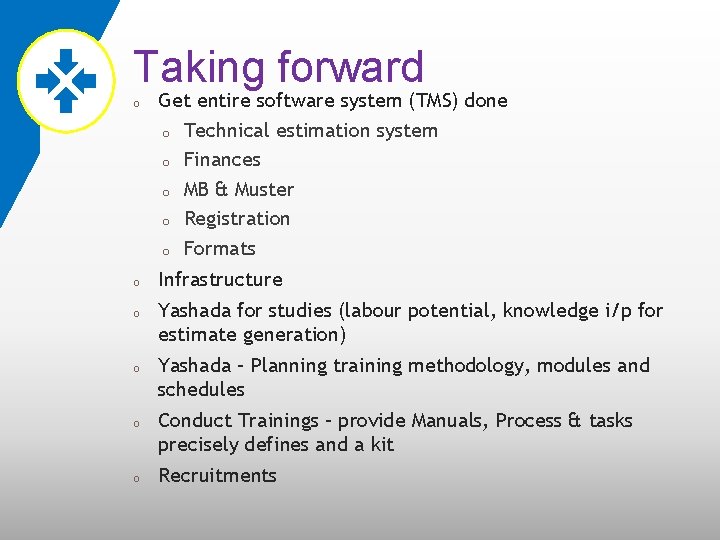 Taking forward o o o Get entire software system (TMS) done o Technical estimation