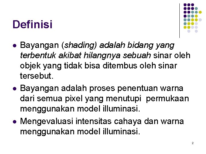 Definisi l l l Bayangan (shading) adalah bidang yang terbentuk akibat hilangnya sebuah sinar