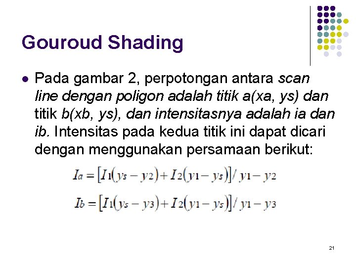 Gouroud Shading l Pada gambar 2, perpotongan antara scan line dengan poligon adalah titik