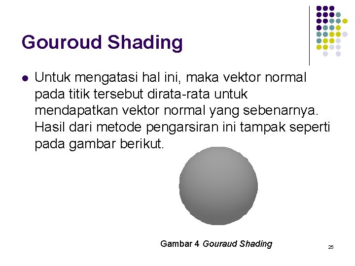 Gouroud Shading l Untuk mengatasi hal ini, maka vektor normal pada titik tersebut dirata-rata