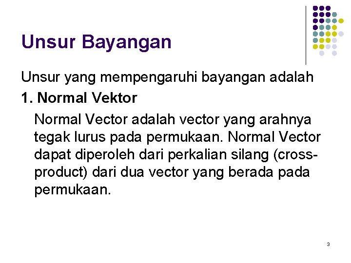 Unsur Bayangan Unsur yang mempengaruhi bayangan adalah 1. Normal Vektor Normal Vector adalah vector