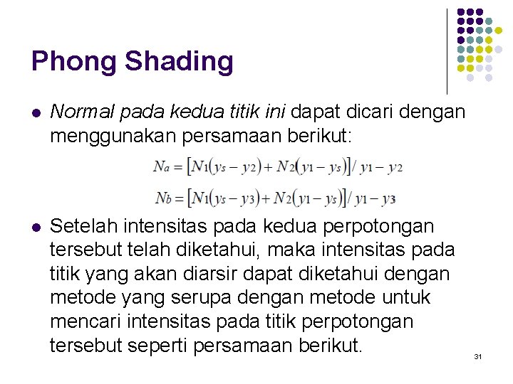 Phong Shading l Normal pada kedua titik ini dapat dicari dengan menggunakan persamaan berikut: