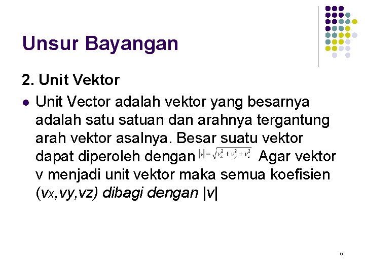 Unsur Bayangan 2. Unit Vektor l Unit Vector adalah vektor yang besarnya adalah satuan