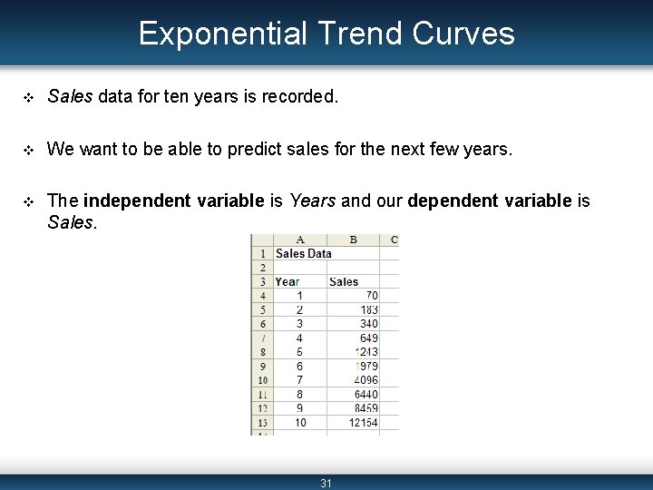 Exponential Trend Curves v Sales data for ten years is recorded. v We want