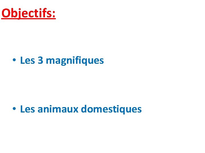 Objectifs: • Les 3 magnifiques • Les animaux domestiques 