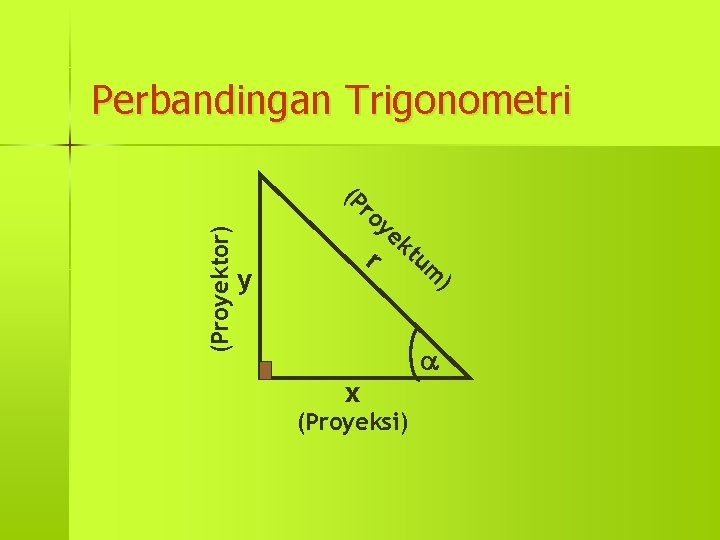 Perbandingan Trigonometri (P (Proyektor) ro r y ye kt um ) x (Proyeksi) 