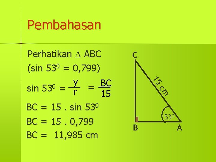 Pembahasan C 15 cm Perhatikan ABC (sin 530 = 0, 799) y BC 0
