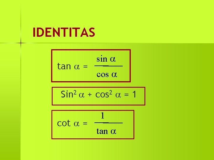 IDENTITAS tan = sin cos Sin 2 + cos 2 = 1 cot =