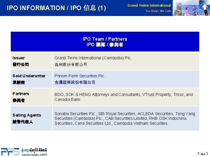 IPO INFORMATION / IPO 信息 (1) Grand Twins International You Wear, We Care. IPO