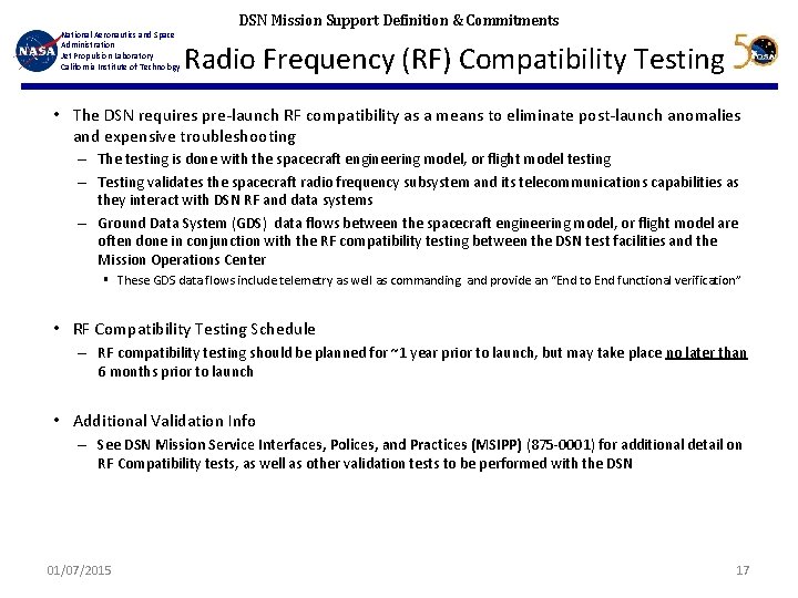 National Aeronautics and Space Administration Jet Propulsion Laboratory California Institute of Technology DSN Mission