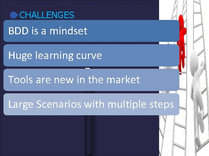 CHALLENGES BDD is a mindset Huge learning curve Tools are new in the market
