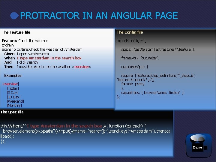 PROTRACTOR IN AN ANGULAR PAGE The Feature file The Config file Feature: Check the