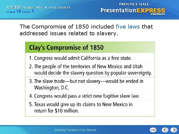 Chapter 14 Section 1 The Compromise of 1850 included five laws that addressed issues