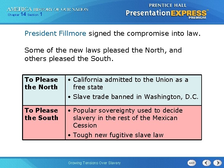 Chapter 14 Section 1 President Fillmore signed the compromise into law. Some of the