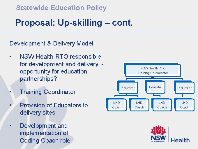 Statewide Education Policy Proposal: Up-skilling – cont. Development & Delivery Model: • NSW Health
