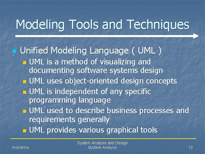 Modeling Tools and Techniques n Unified Modeling Language ( UML ) UML is a