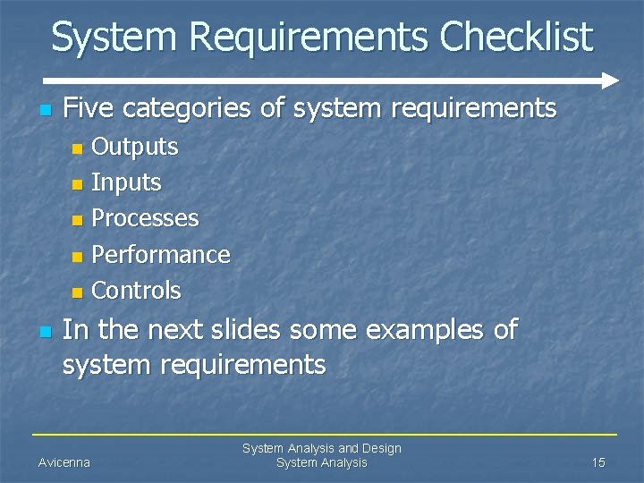System Requirements Checklist n Five categories of system requirements Outputs n Inputs n Processes