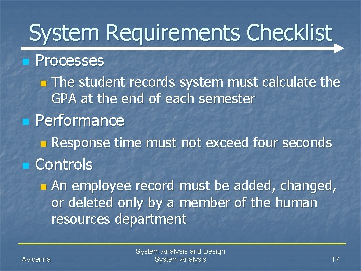 System Requirements Checklist n Processes n n Performance n n The student records system